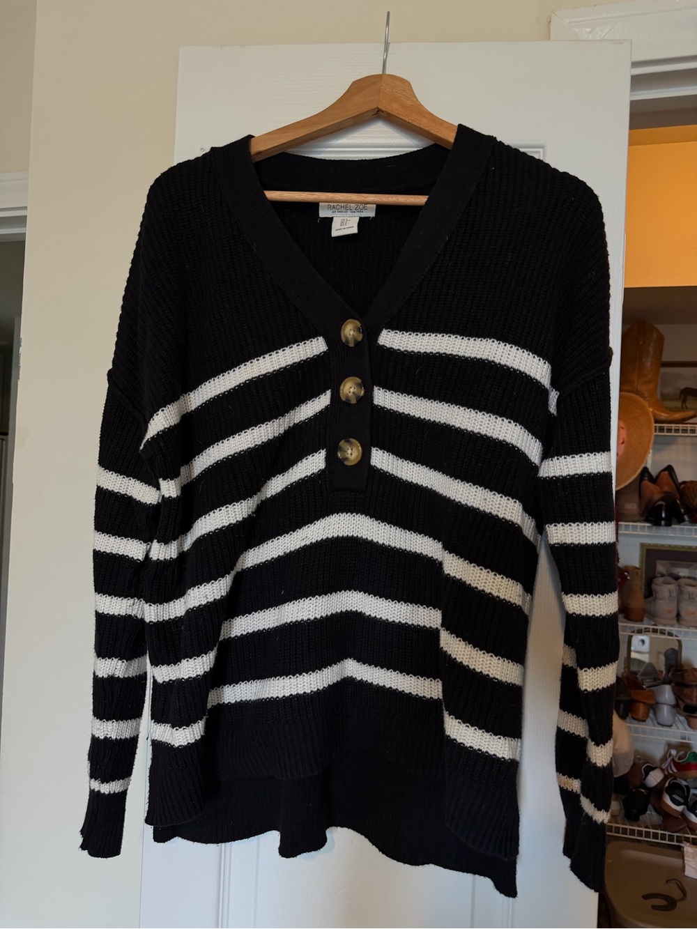 Rachel Zoe Black and White Striped V-Neck Sweater